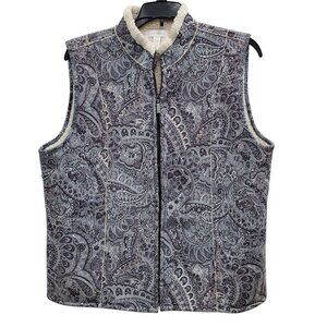 Charter Club‎ Women's Gray Paisley Sueded Sherpa Lined Sleeveless Zip Up Vest L